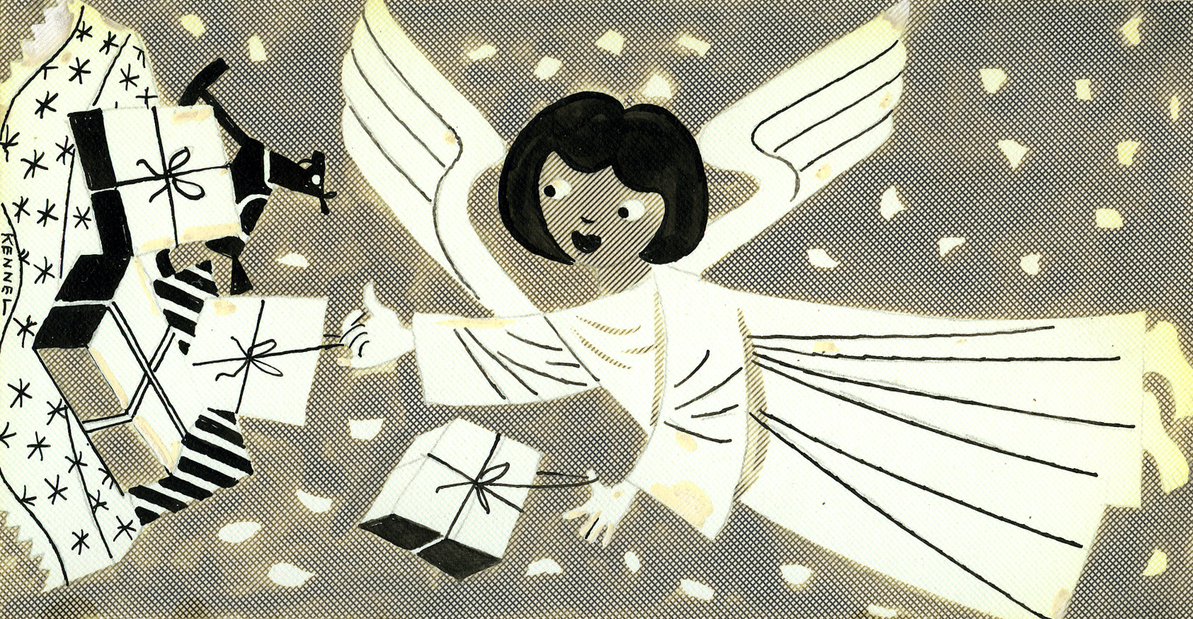 Das Christkind vom Himmel hinab schwebend und Geschenke auf eine Decke legend