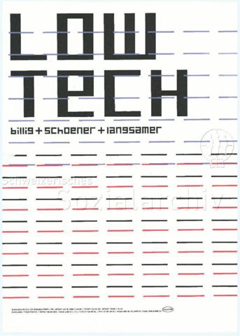 "Low Tech - billig + schoener + langsamer" - schwarzer Schriftzug auf weissem Grund mit blau-grauen, schwarzen und roten horizontalen Linien