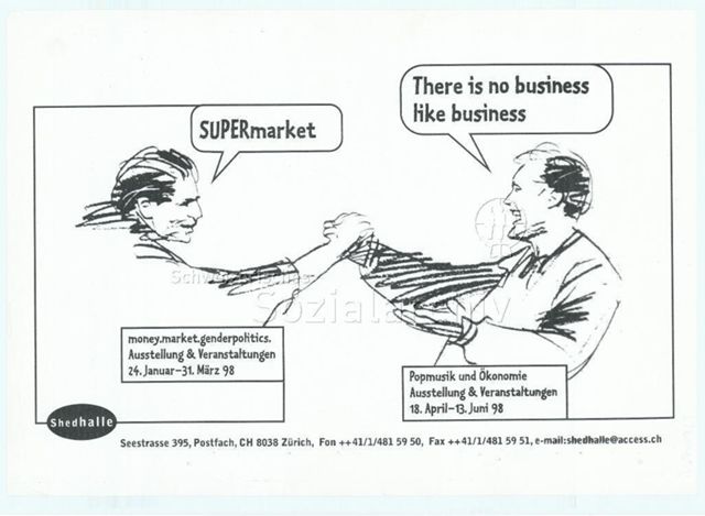 "Supermarket / There is no business like business" – Popmusik und Ökonomie - zwei Männer schlagen die Hände ein und sagen den Titel durch Sprechblasen