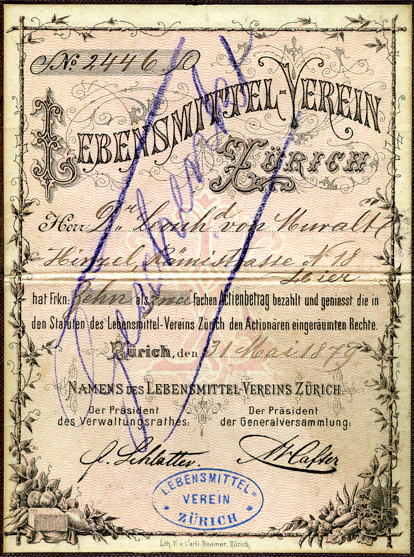 Aktienschein Lebensmittel-Verein Zürich ; ausgestellt auf Herr Dr. Leonhard von Mouralt Hirzel in Zürich ; Wert 10 Franken