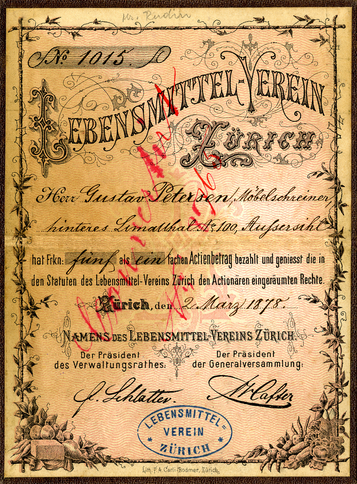 Aktienschein Lebensmittel-Verein Zürich ; ausgestellt auf Herr Gustav Petersen (Möbelschreiner) in Zürich ; Wert 5 Franken