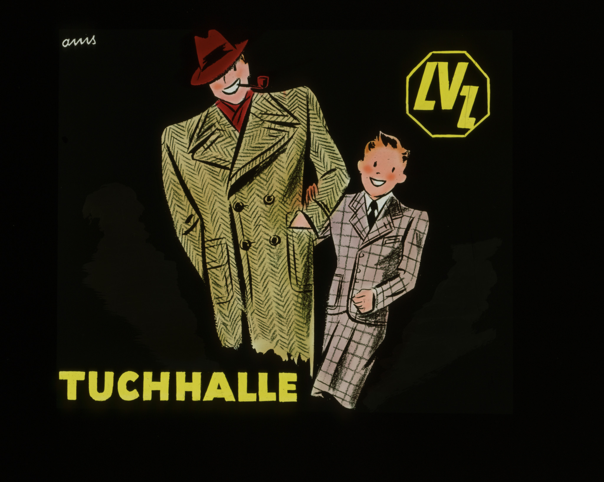 Dia: Vater und Sohn in eleganter Kleidung: "LVZ Tuchhalle".