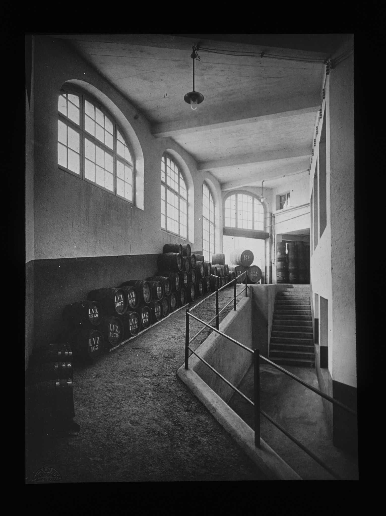 Dia: Kellerei des LVZ. Weinfässer in Keller.