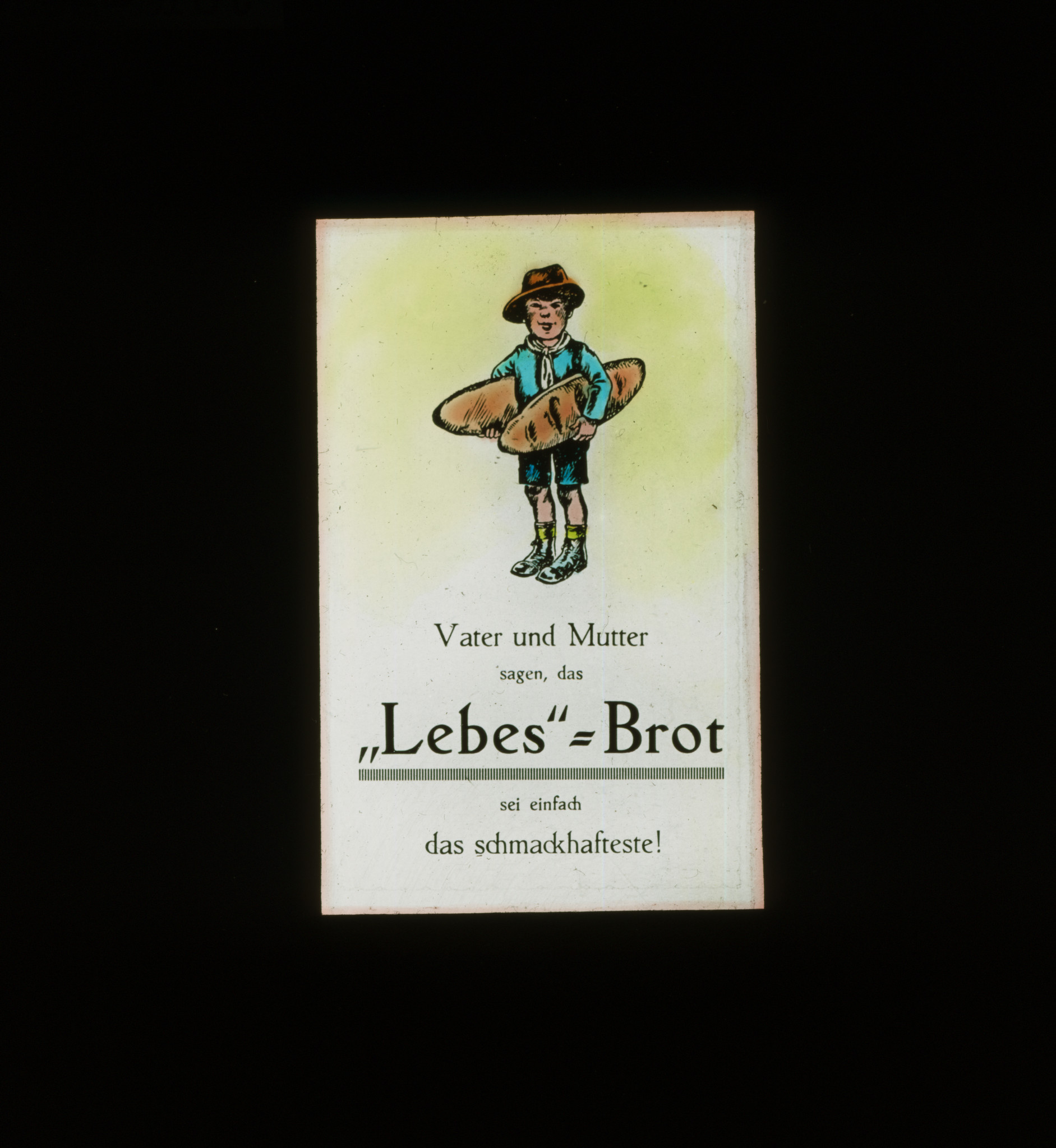 Dia: Werbung für Brot im LVZ, Junge mit Brot in den Händen und Text: "Vater und Mutter sagen, das "Lebes-Brot" sei einfach das schmackhafteste!".