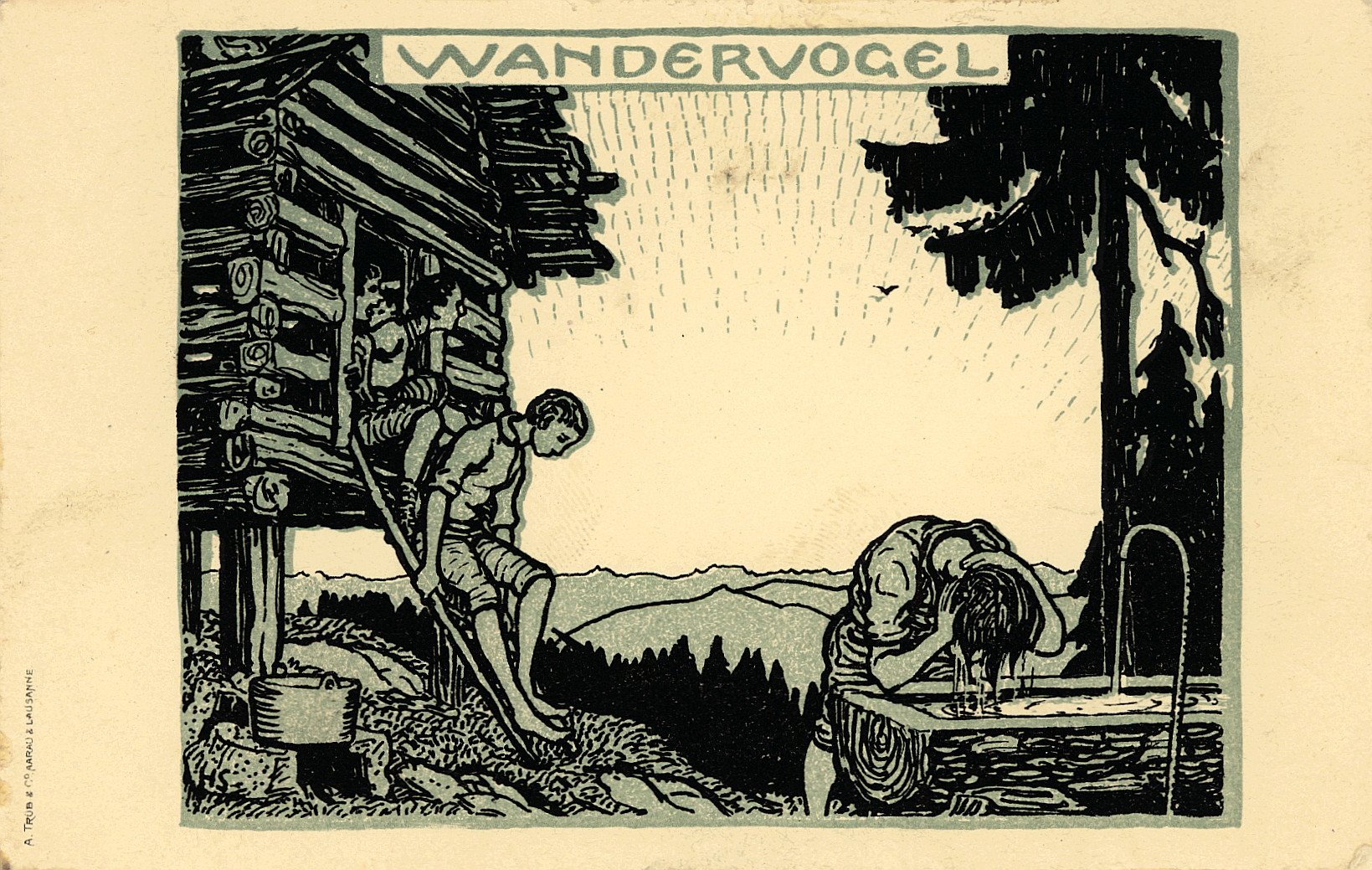 Abgebildete "Wandervögel" beim Haar waschen am Brunnen und beim Sitzen auf einer Holztreppe (1918)