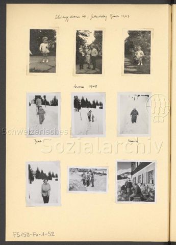 Fotoalbum Nico Kaufmann, 1928–1950 – "Scheideggstrasse 66, Geburtstag Beat 1947" (oben), "Arosa 1948 – Beat – Martin" (mitte, unten)