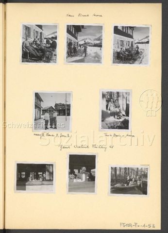 Fotoalbum Nico Kaufmann, 1928–1950 – "Haus Elwert Arosa" (oben), "Harry B, Claude E, Jean R." (mitte links), "Tante Claire u. Mama" (mitte rechts), "Basel Weekend Frühling 48" (unten), 1948