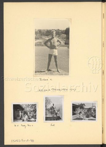 Fotoalbum Nico Kaufmann, 1928–1950 – "Ascona Pfingsten 1947" – "Richard K." (oben), "Dr. W., Freddy, Fritz H." (unten links), "Jack" (unten mitte)