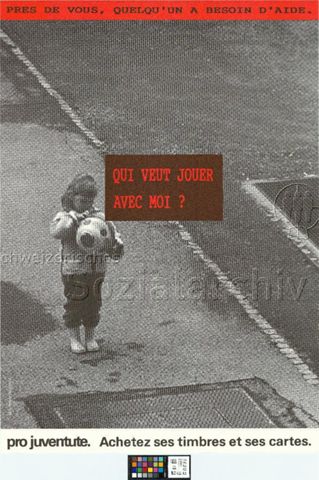 "Près de vous, quelqu'un a besoin d'aide. Qui veut jouer avec moi?", Fotografie eines Mädchens mit einem Ball, Briefmarkenverkauf der Pro Juventute, 1987