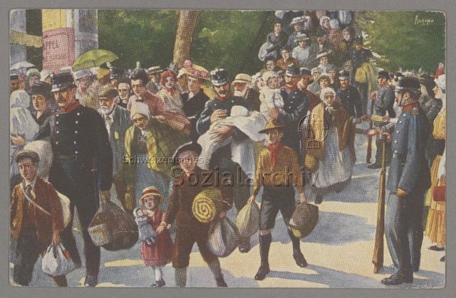 "Die Opfer des Krieges. Durchreise der Evakuierten durch die Schweiz", um 1916