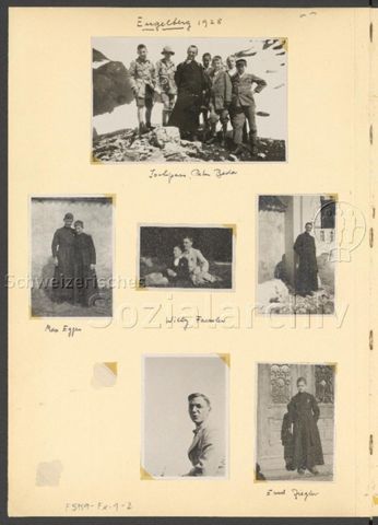 Fotoalbum Nico Kaufmann, 1928–1950 – Engelberg 1928 – "Jochpan, Pater Beda" (oben), "Max Egger" (mitte links), "Willy Faessler" (mitte), "Ernst Ziegler" (unten rechts)