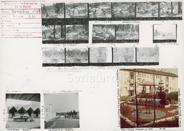 "Spielplätze" in Schaan und Zürich (Stettbach, Schwammendingen, Letzispielplatz, Affoltern) - spielende Kinder und Ansichten der Anlagen; um 1975