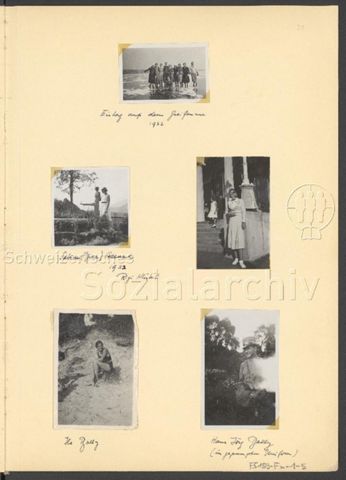 Fotoalbum Nico Kaufmann, 1928–1950 – "Eistag auf dem Greifensee 1932" (oben), "Sabine (Bine) Haeusch 1932, Rigi Klösterli" (mitte links), "Ils Bally" (unten links), "Hans Jörg Bally (in gepumpter Uniform)" (unten rechts), um 1933