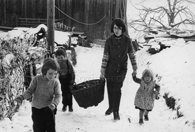 Praktikantenhilfe - Praktikantin und Kinder holen Feuerholz, der Junge hilft beim Tragen des Korbes; um 1970