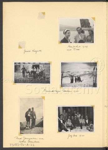 Fotoalbum Nico Kaufmann, 1928–1950 – "Gerold Veroguth" (oben rechts), "Maifahrt 1939 mit Tildi" (oben rechts), "Fuxenskilager Radons 1940" (mitte), "Ruedi Baumgartner und Kathrin Sallenbach" (unten links), "Gret Ball 1940" (unten rechts)