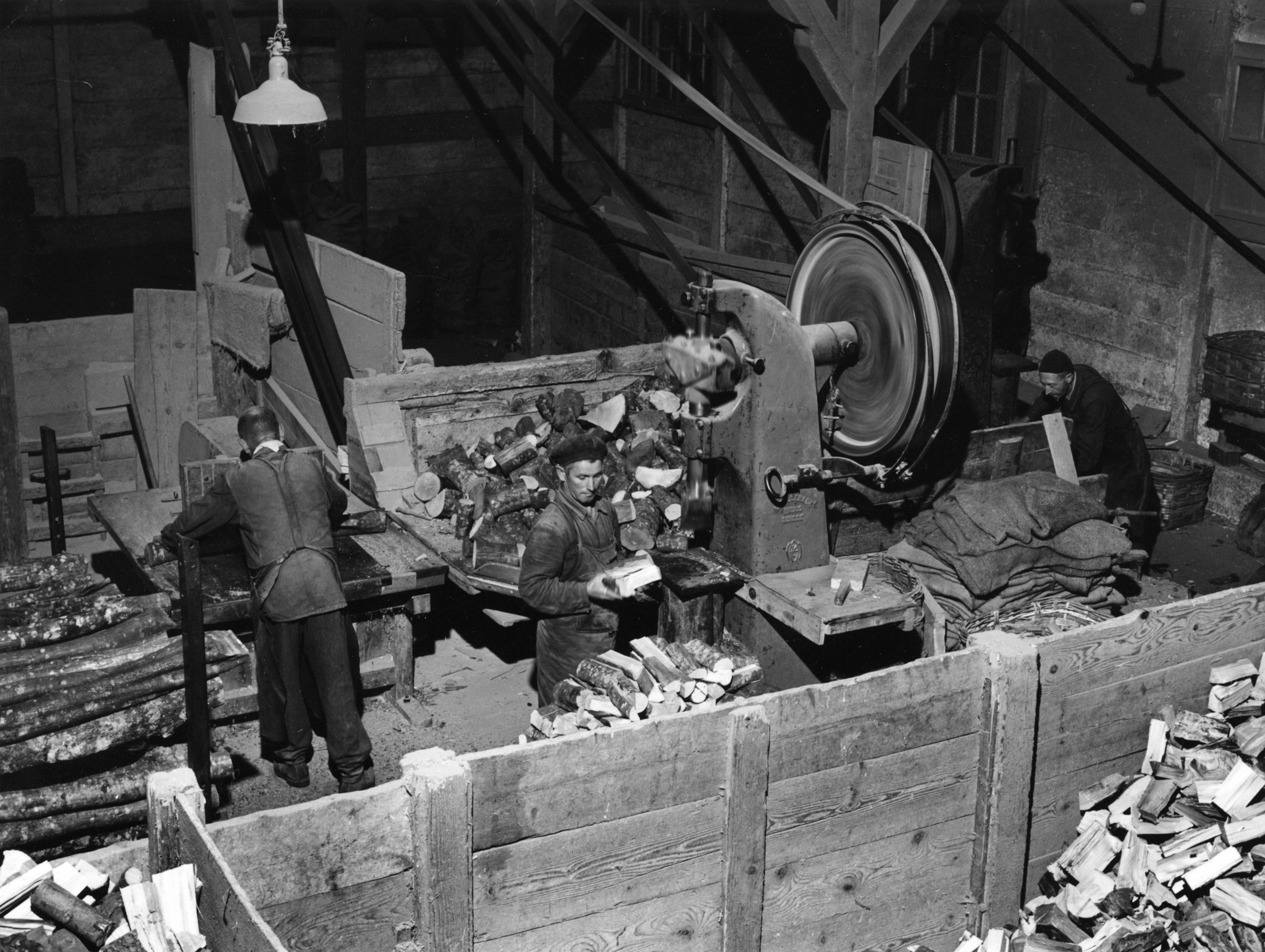 Drei Männer  im Holzlager an der Turbinenstrasse beim Zerkleinern von Holz, tlw. mit Maschine