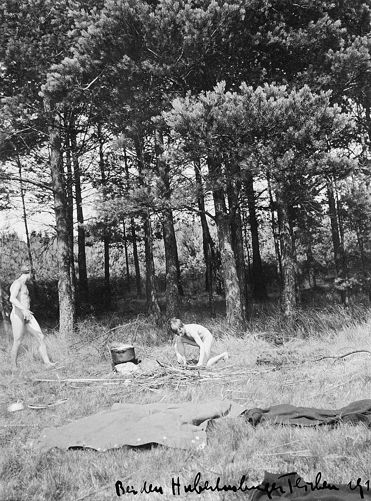 Badeffahrt mit den Leipziger Wandervögeln: Nackte Wandervögel kochen auf dem Feuer am Rand eines Waldes (1915)