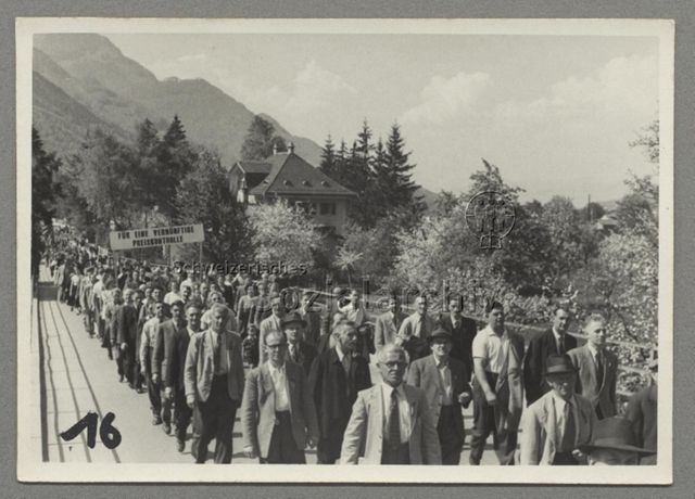 1. Mai, Umzug, Tafel "Für eine vernünftige Preiskontrolle", Kanton Glarus, um 1958