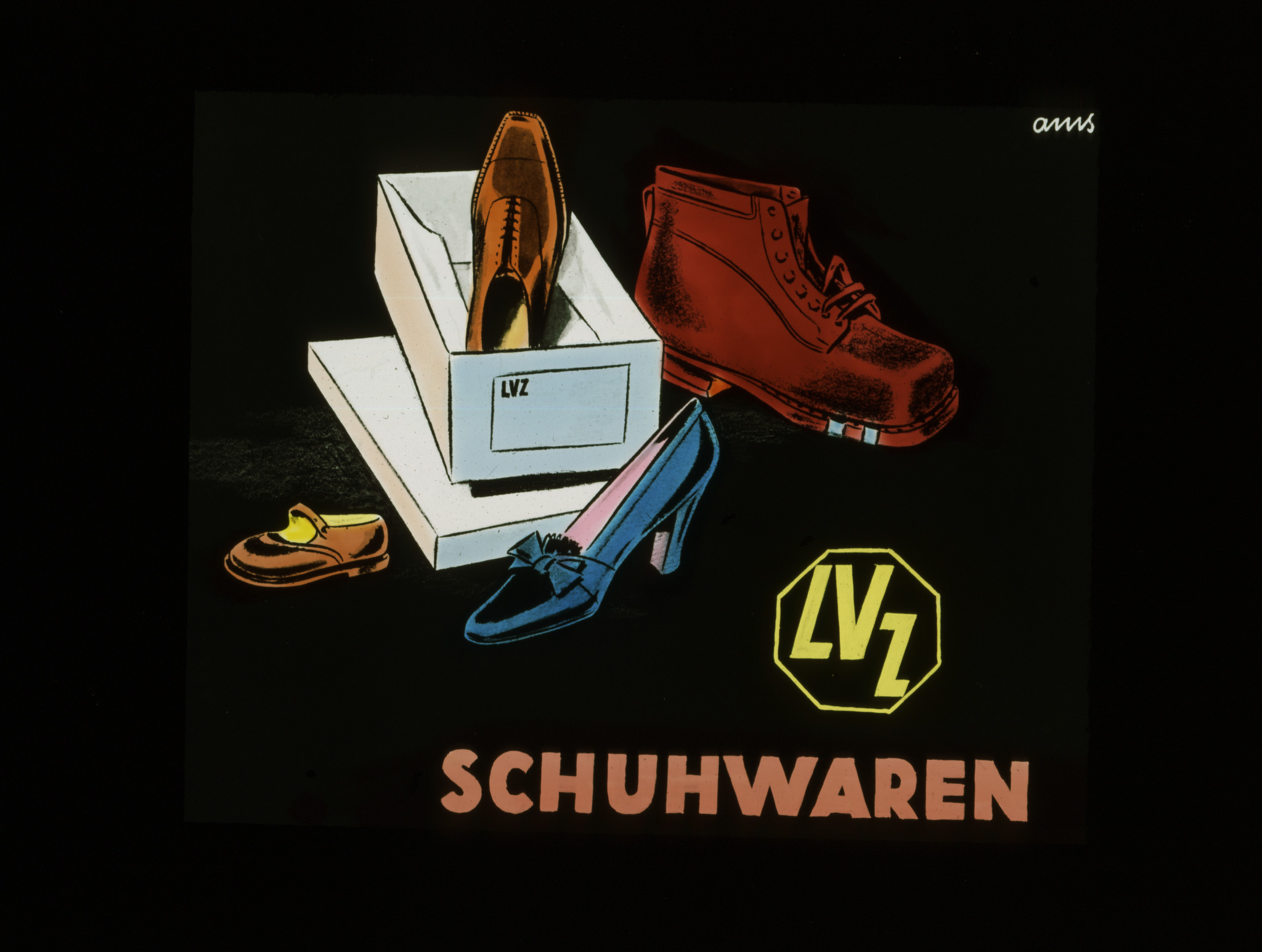 Dia: Werbung für Schuhe, mit Karton: "LVZ Schuhwaren".