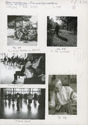 "Freizeit der Betagten im Alpenquai (oben links), auf dem Lindenhof (oben rechts) und im Freizeitzentrum Küsnacht (links)" - Ältere Menschen beim Sitzen, Tanzen und Werken; um 1965