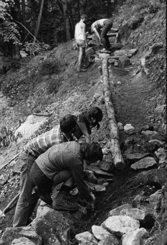 "Aktion 7" - Jugendliche beim Präparieren eines Waldweges; um 1980