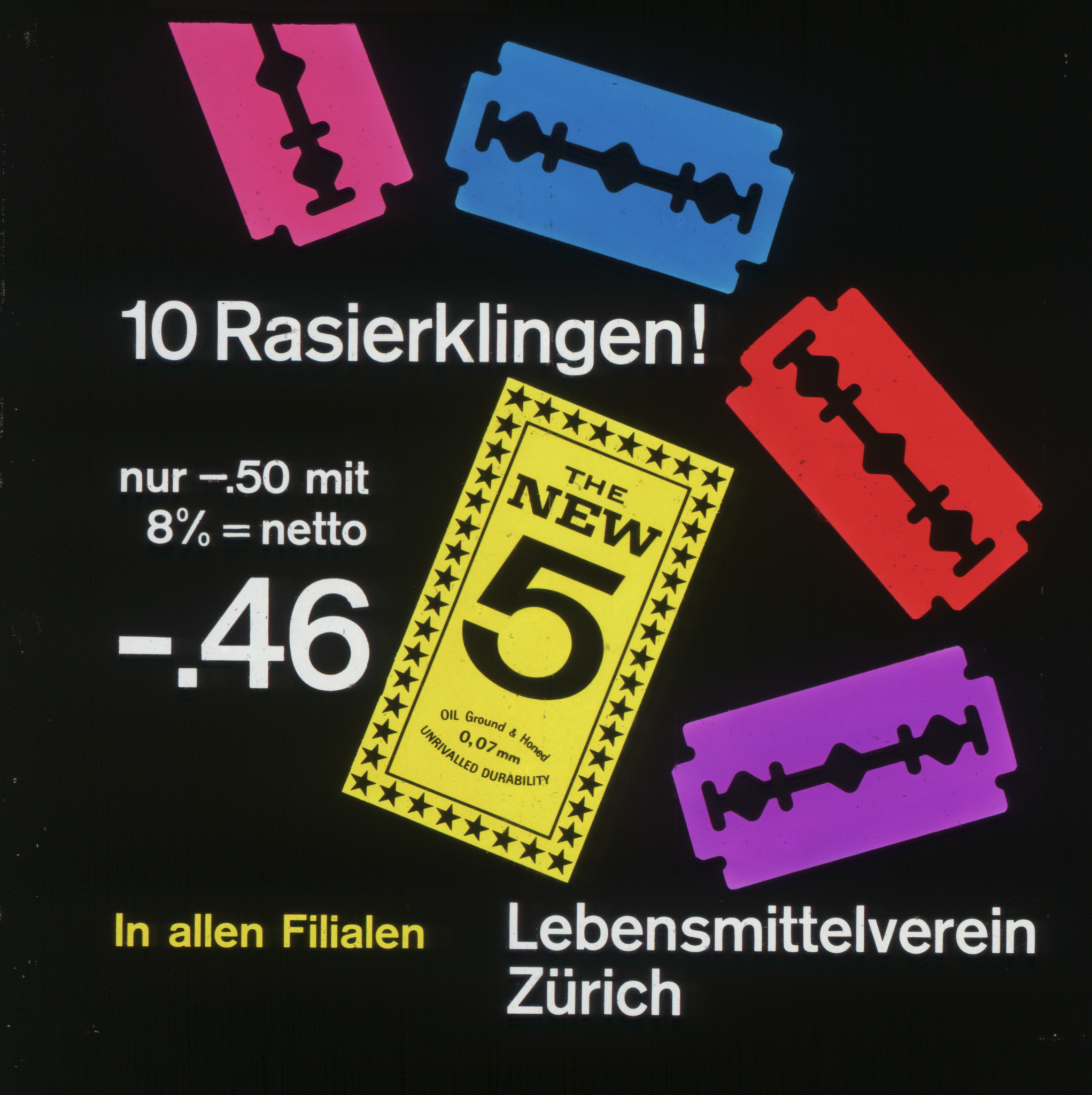 Farbige Rasierklingen: "10 Rasierklingen! nur -.50 mit 8% = netto = -.46; Lebensmittelverein Zürich"