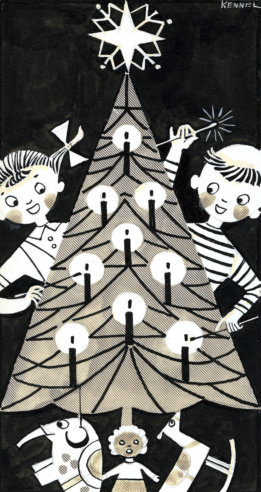 Zwei Kinder zünden die Kerzen am Weihnachtsbaum an; unter dem Weihnachtsbaum liegen Geschenke