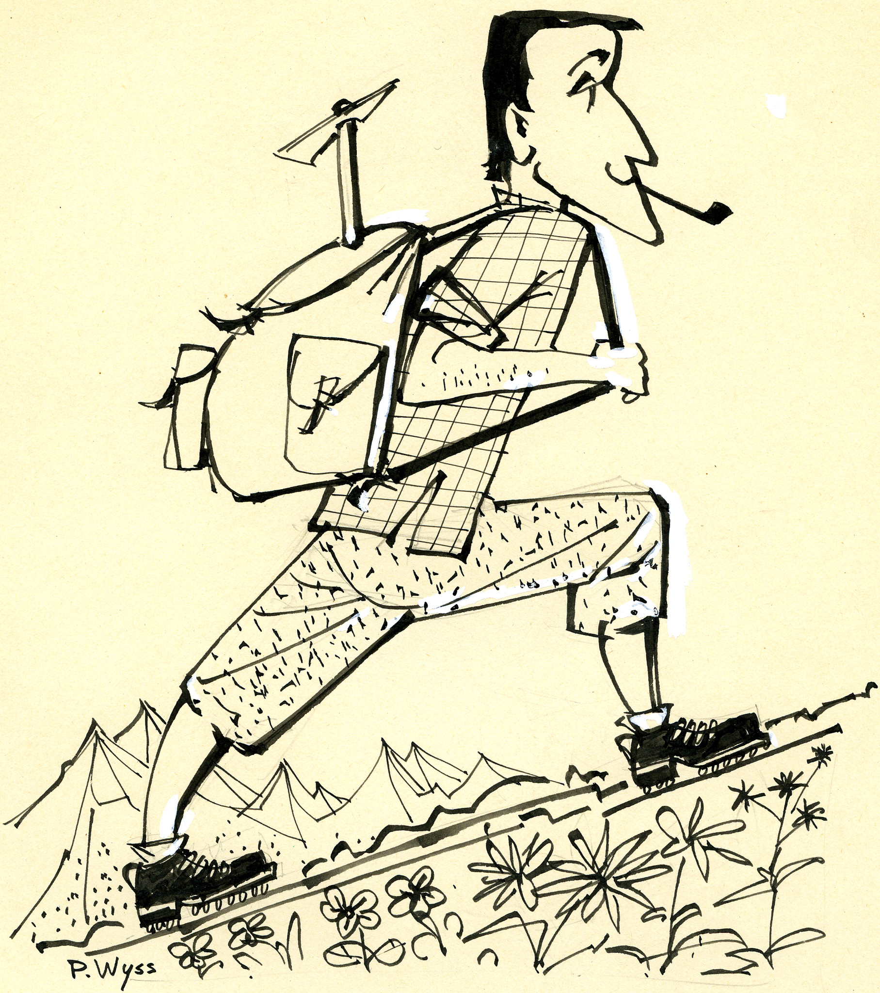 Ein Mann mit Rucksack und Pfeife einen Berg hinaufwandernd ; Bild trägt Unterschrift "Touren-Proviant"