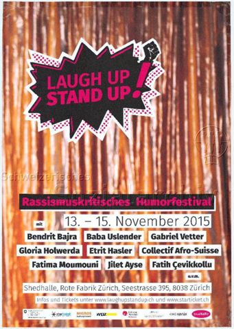 "Laugh Up Stand Up - Rassismuskritisches Humorfestival" - Aktionsblase mit Titel und geballter Faust