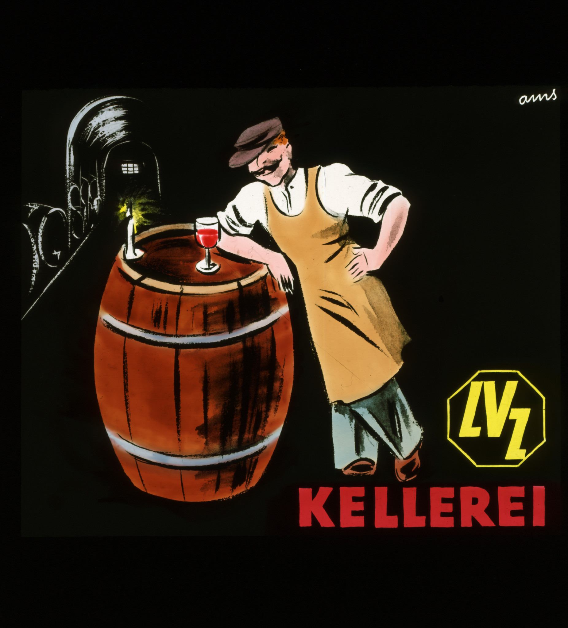 Dia: Mann an Fass gelehnt mit einem Glas Wein in der "Kellerei LVZ".