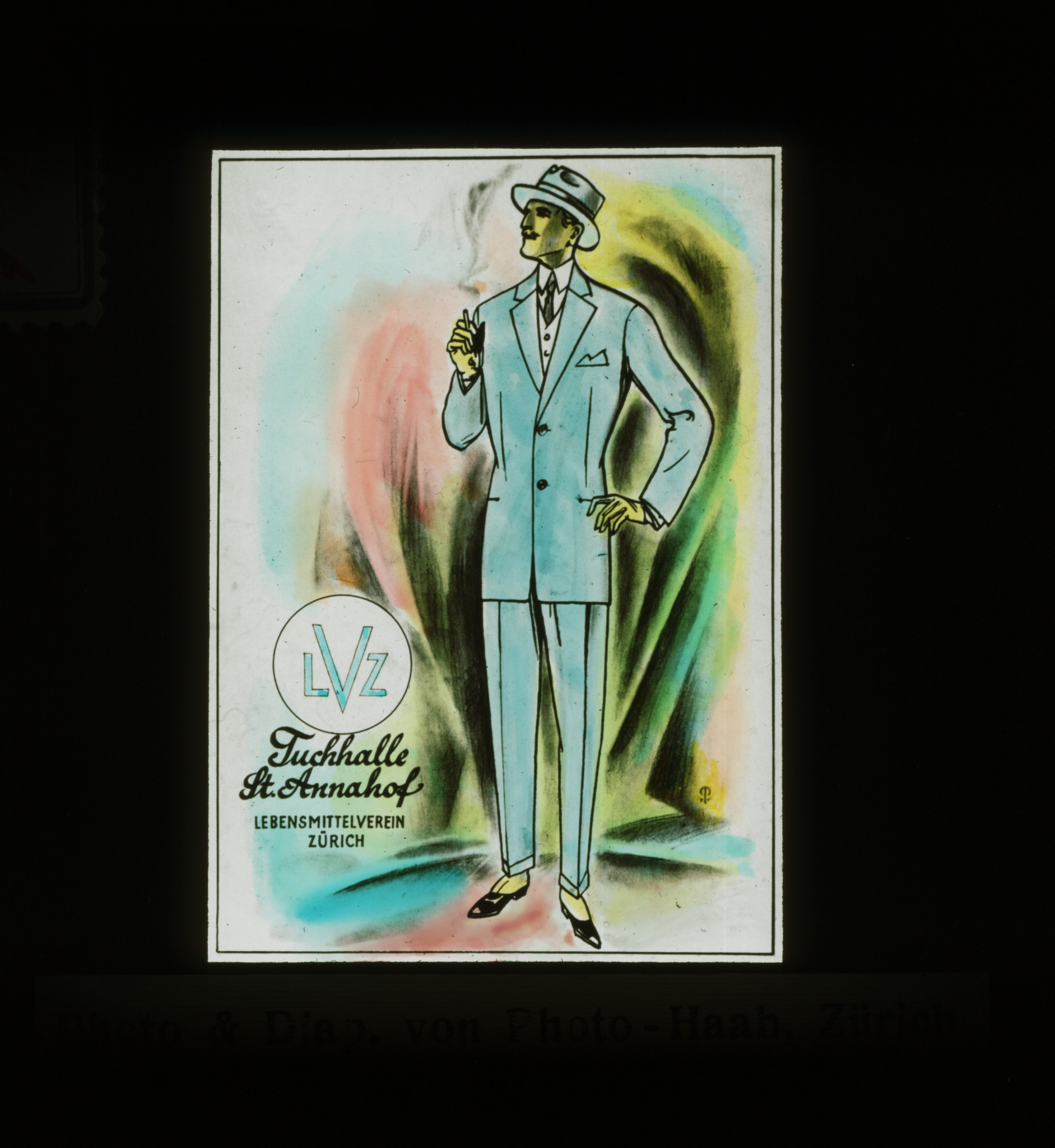 Dia: Werbung für Herrenbekleidung, eleganter Herr und Text: "LVZ Tuchhalle St. Annahof".