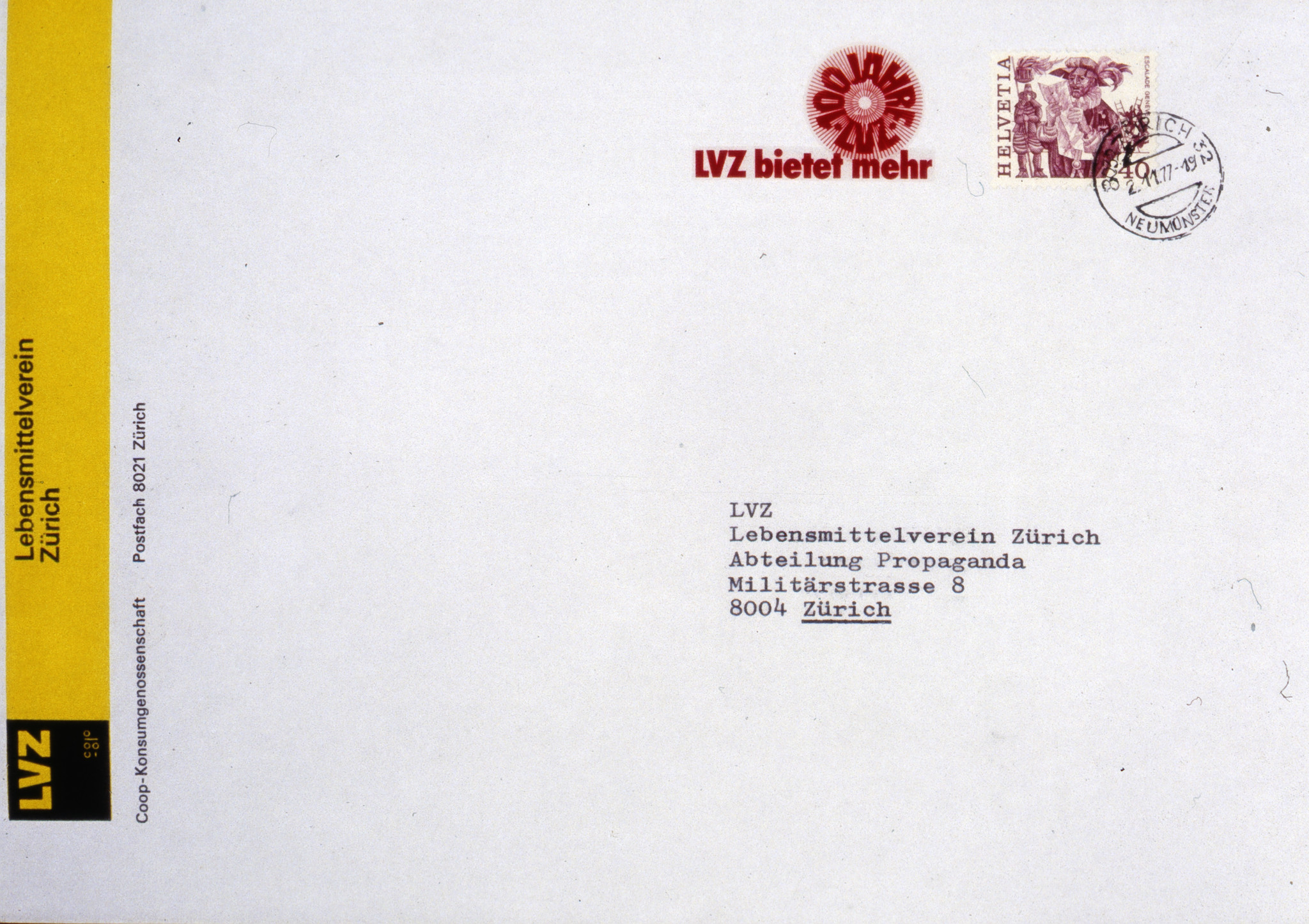100 Jahre Lebensmittelverein Zürich LVZ 1878-1978: Brief mit Sonderstempel