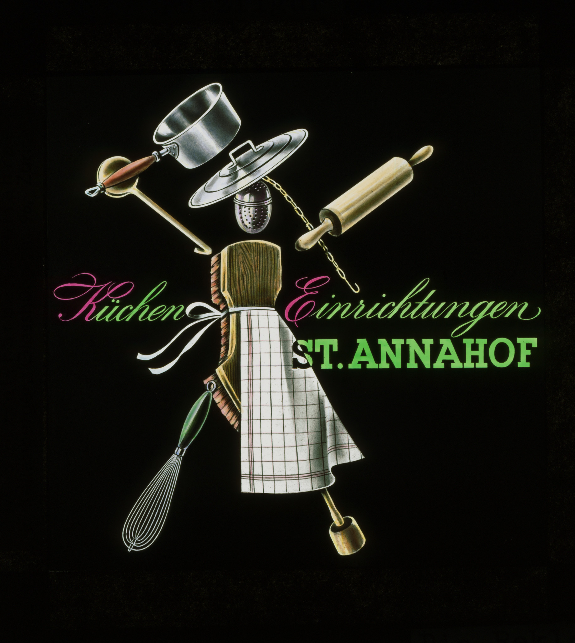 Dia: Werbung für Kücheneinrichtungen im St. Annahof. Küchengeräte bilden zusammen eine Frauenfigur.