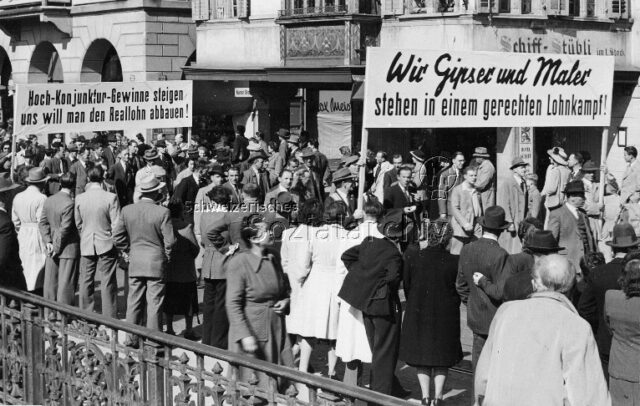 1. Mai-Umzug 1953 (?): Zürich: "Wir Gipser und Maler stehen in einem gerechten Lohnkampf"