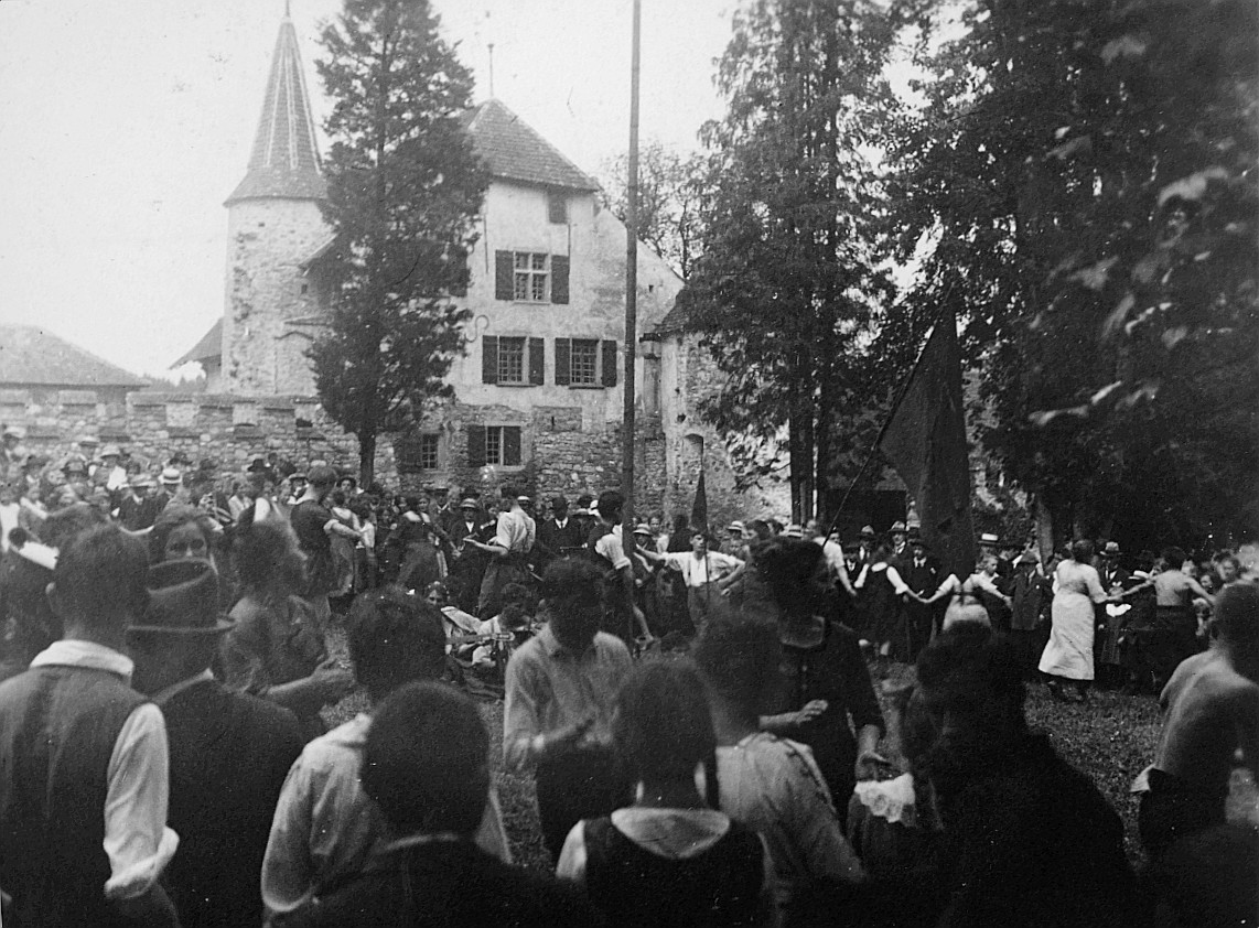 Wandervogel-Landsgemeinde beim Schloss Hallwil - Versammelte Personen - Im Hintergrund ist das Schloss sichtbar (1920)