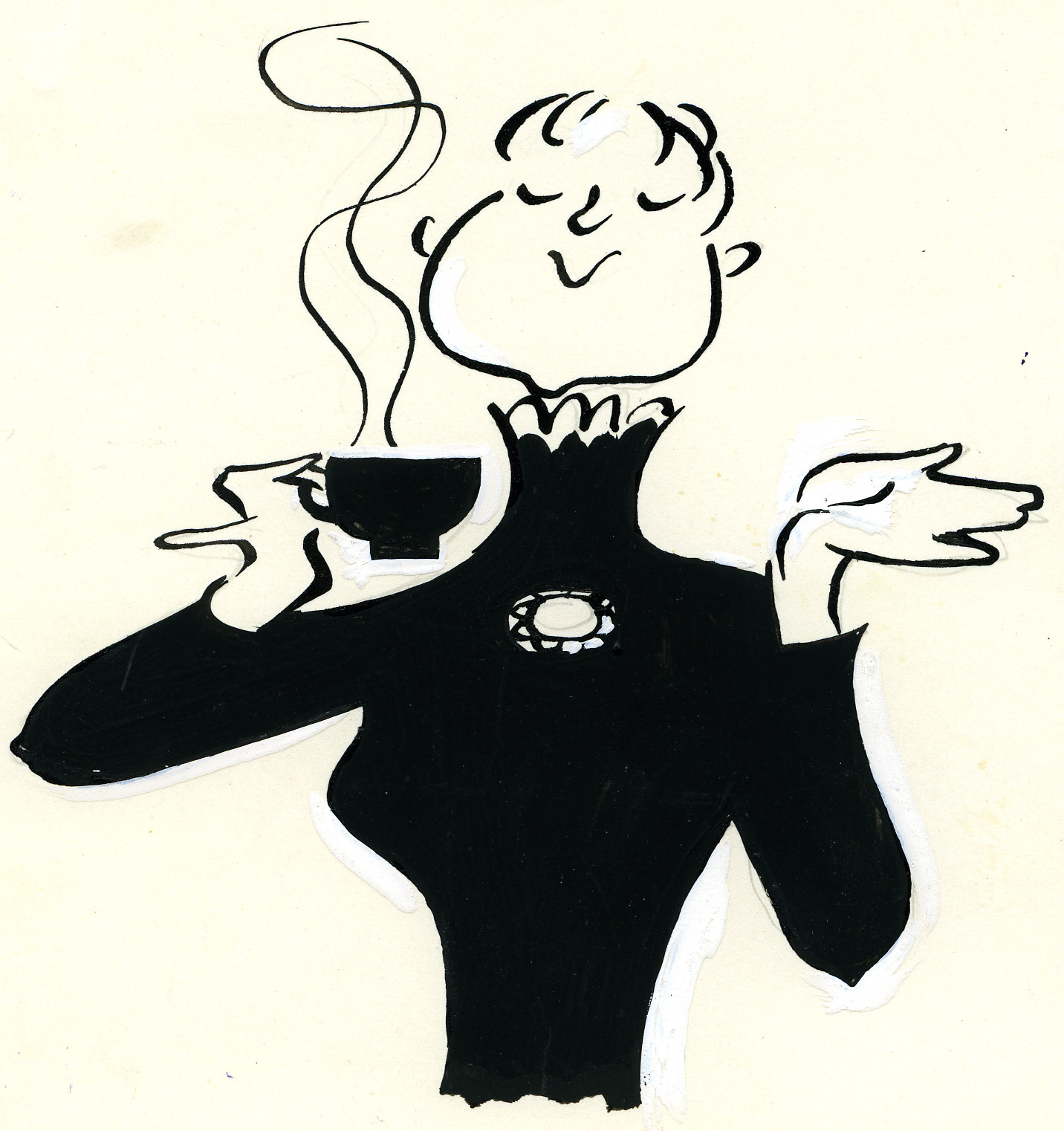 Frau an einem heissen Getränk riechend (vermutlich Kaffee)