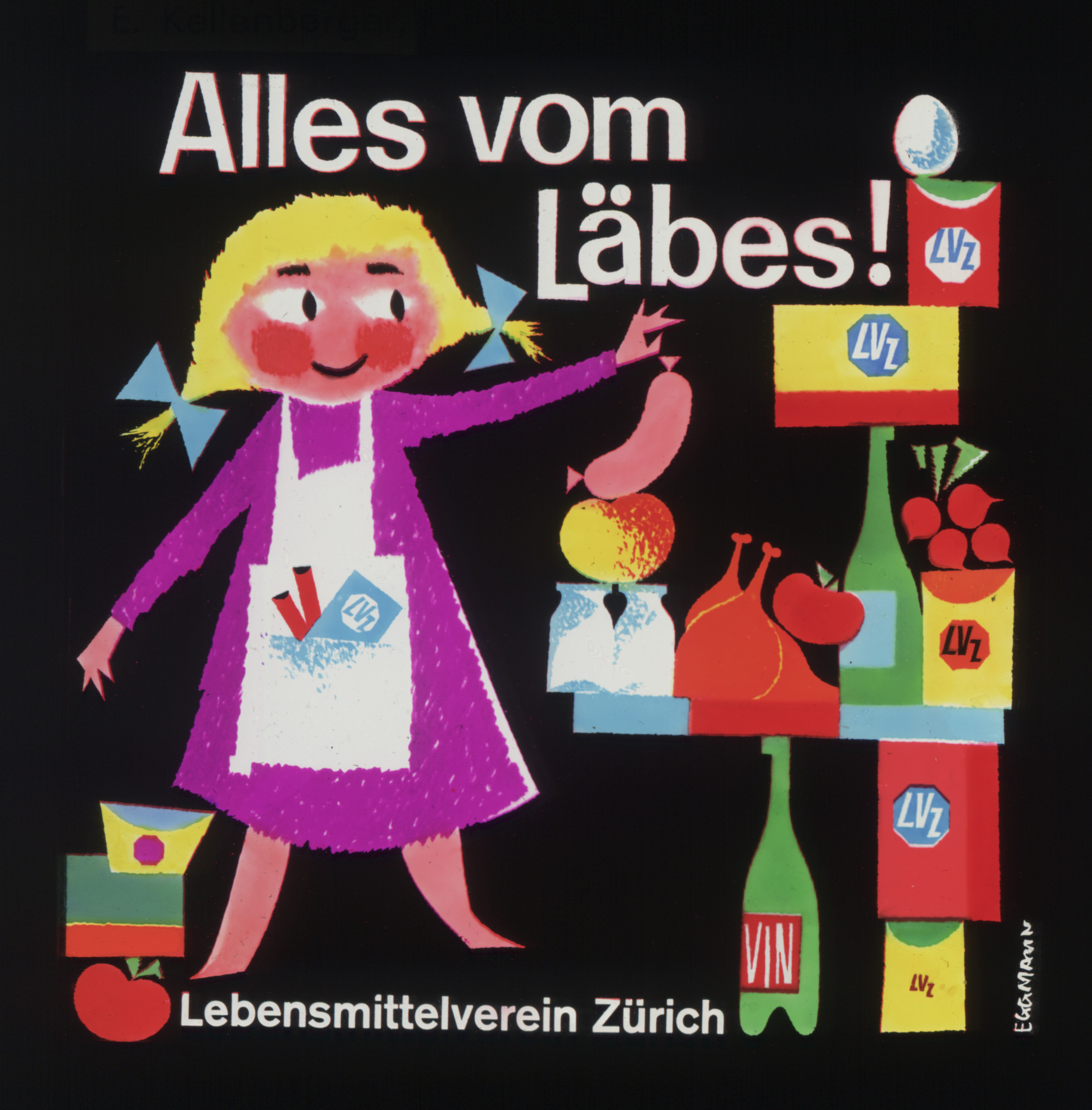 Comicfigur beim Stappeln von Lebensmitteln: "Alles vom Läbes! Lebensmittelverein Zürich"