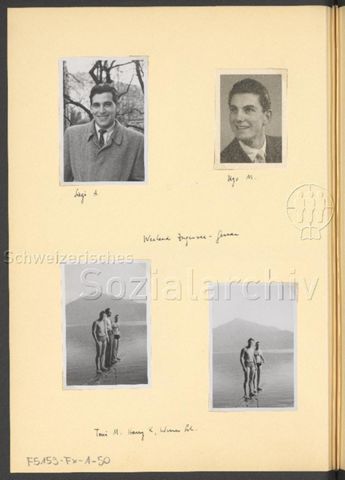 Fotoalbum Nico Kaufmann, 1928–1950 – "Weekend Zugersee–Gersau" – "Siegi H." (oben links), "Ugo M." (oben rechts), "Toni M, Harry K, Werner Sch.", 1947