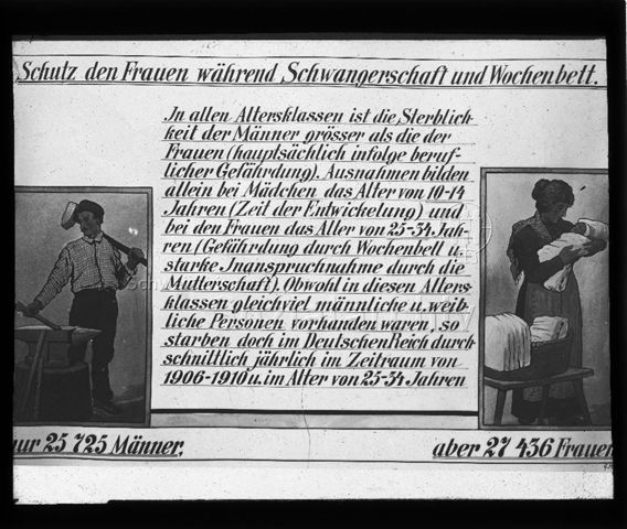 Diaserie zum Thema Säuglingspflege; "Schutz den Frauen während Schwangerschaft und Wochenbett"; Gegenüberstellung der Sterbezahlen von Männern und Frauen im Alter von 25-34 Jahren von 1906-1910; Zeichnung eines Mannes bei der Arbeit und einer Frau mit Kleinkind im Arm; um 1930