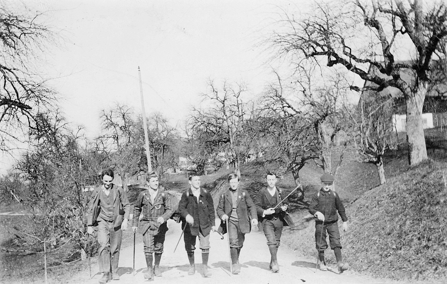 Wandervogelfahrt der Ortsgruppe Oerlikon: Sechs Wandervögel laufen auf einem Schotterweg (1914)