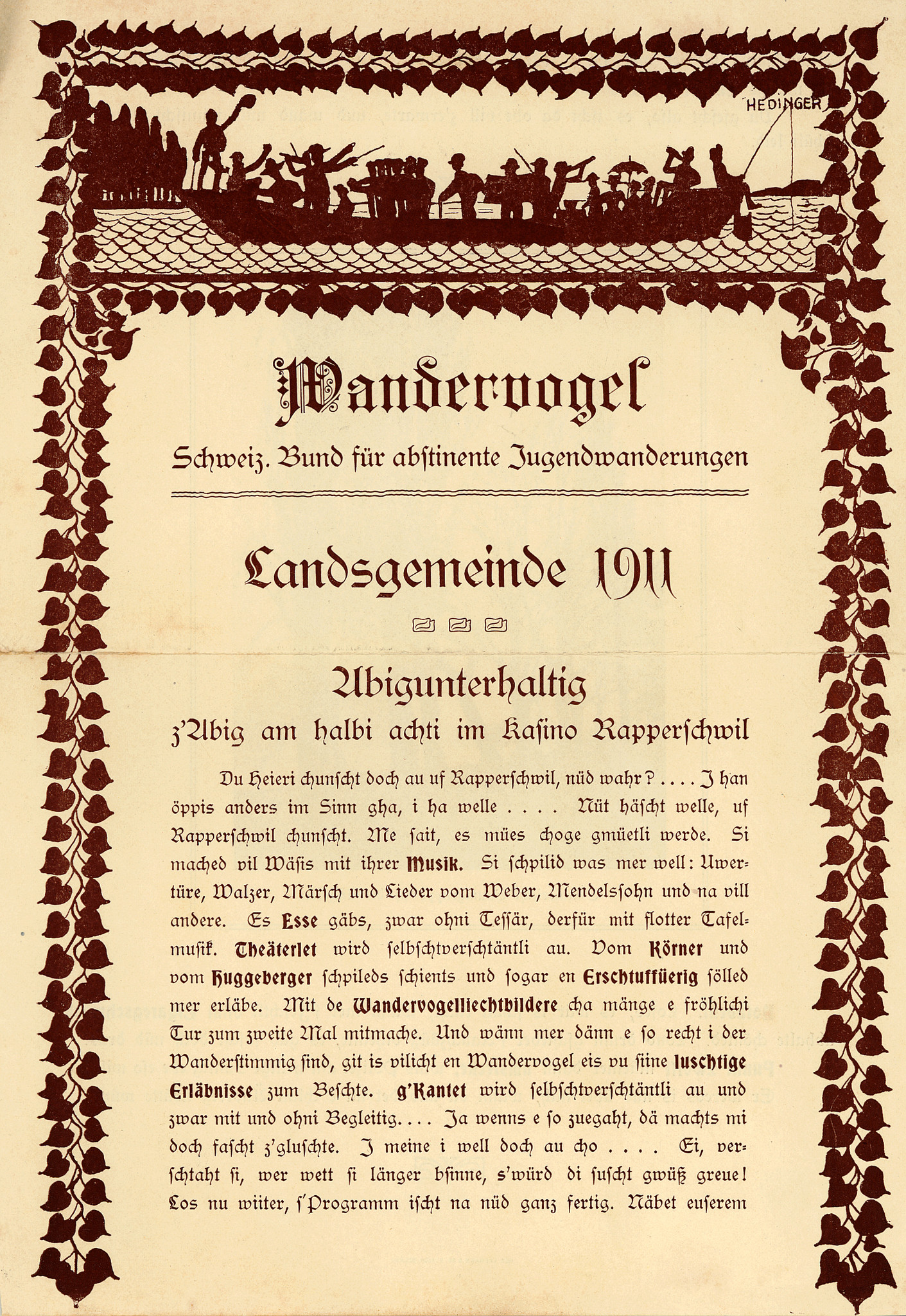Wandervogel-Landsgemeinde: Auflistung der Veranstaltungen für die "Abigunterhaltig" (1911)