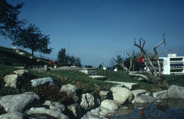 "Siedlungs- und Quartierspielplätze: Siedlungsspielplatz Adliswil ZH, 1971" - Kinder im Sandkasten, auf der Wiese, in einem Baumgeäst spielend, im Vordergrund sieht man einen Teich