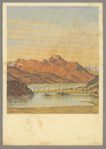 Postkartenserie Pro Juventute, "Silvaplanersee mit Piz La Margna" (Poststempel: 30.12.1953)