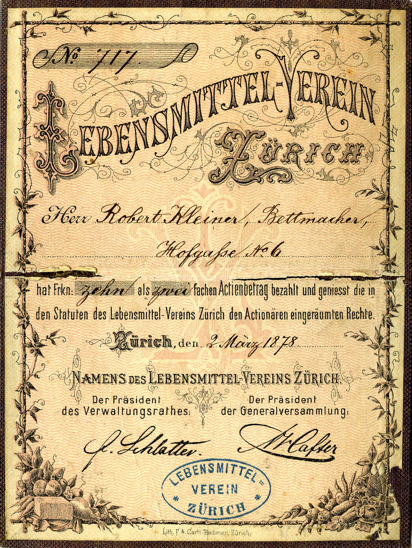 Aktienschein Lebensmittel-Verein Zürich ; ausgestellt auf Herr Robert Kleiner (Bettmacher) in Zürich ; Wert 10 Franken
