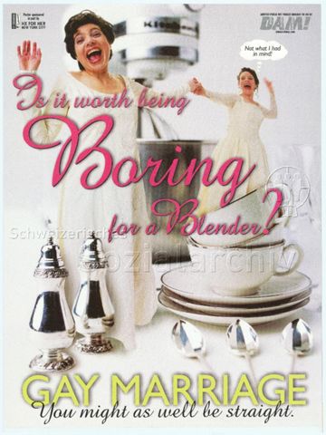 "Is it worth being Boring for a Blender? - Gay Marriage - You might as well be straight." - zwei Frauen in Brautkleidern umgeben von diversem Tischgedeck und einer Küchenmaschine