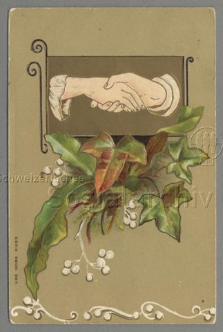 Maikarte, Frühlingskarte: Maiglöckchen, Männer- und Frauenhand, 1908 (Poststempel)
