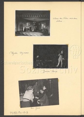 Fotoalbum Nico Kaufmann, 1928–1950 – "Wenn der Vater mit dem Sohne..." (oben), "Phyllis Hegmans" und "Bunter Abend" (mitte), "Uni Ball" (unten), um 1935/36