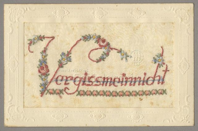 Postkarte mit gesticktem Motiv "Vergissmeinnicht", um 1910