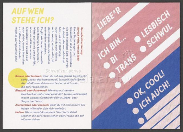 links: "Auf wen stehe ich?", "Sexuelle Orientierung: Nur ich weiss, wen ich liebe.", Erläuterung diverser Sexualitäten: schwul, lesbisch, bisexuell, pansexuell, aromantisch, asexuell, hetero; rechts: Multiple-Choice-Formular (Familie) – Infobüchlein für Jugendliche der AIDS-Hilfe Schweiz in Zusammenarbeit mit anderen queeren Organisationen über sexuelle Orientierung, Geschlechtsidentitäten und Coming-Out (August 2019)