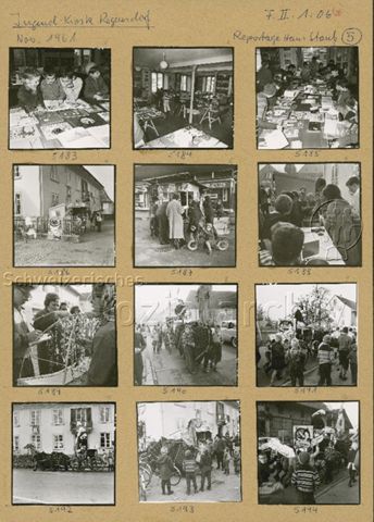 "Kampf der Schundliteratur, Jugendkiosk Regensdorf, November 1961" - Kinder und Jugendliche beim Umzug und im Bücherkiosk